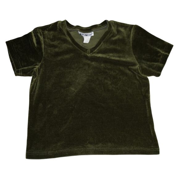 Vintage White Stag Olive Green Velvet V-Neck Short Sleeve Top Women’s M/L - Picture 1 of 7